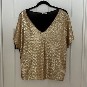 Three Dots Gold Sequin Mixed Media V-Neck Top